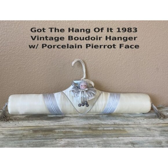 Got The Hang Of It 1983 Pierrot Porcelain Doll Satin Padded Boudoir Hanger 20.5" - Picture 1 of 15